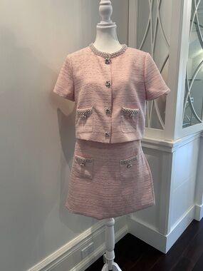 SHEIN Pink Tweed Pearl-Trim Two-Piece Dress Set